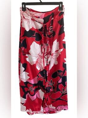 Zara Red Floral Wrap Midi Tie Waist Retro style Vacation Chic Statement Skirt